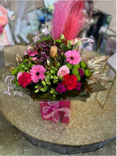 precious pampas - Stunning hand tied bouquet, made with rose gold, pinks and green fresh flowers with some dried pampas grass and dried palm for good measure.