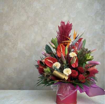 precious pampas - Stunning hand tied bouquet, made with rose gold, pinks and green fresh flowers with some dried pampas grass and dried palm for good measure.